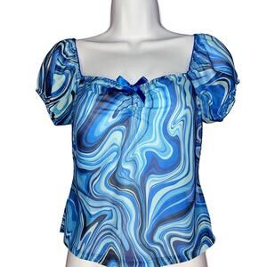 NWT Y2K Blue Sheer Swirl Puff Sleeve Top Size M Romcom Vibes Avid Love